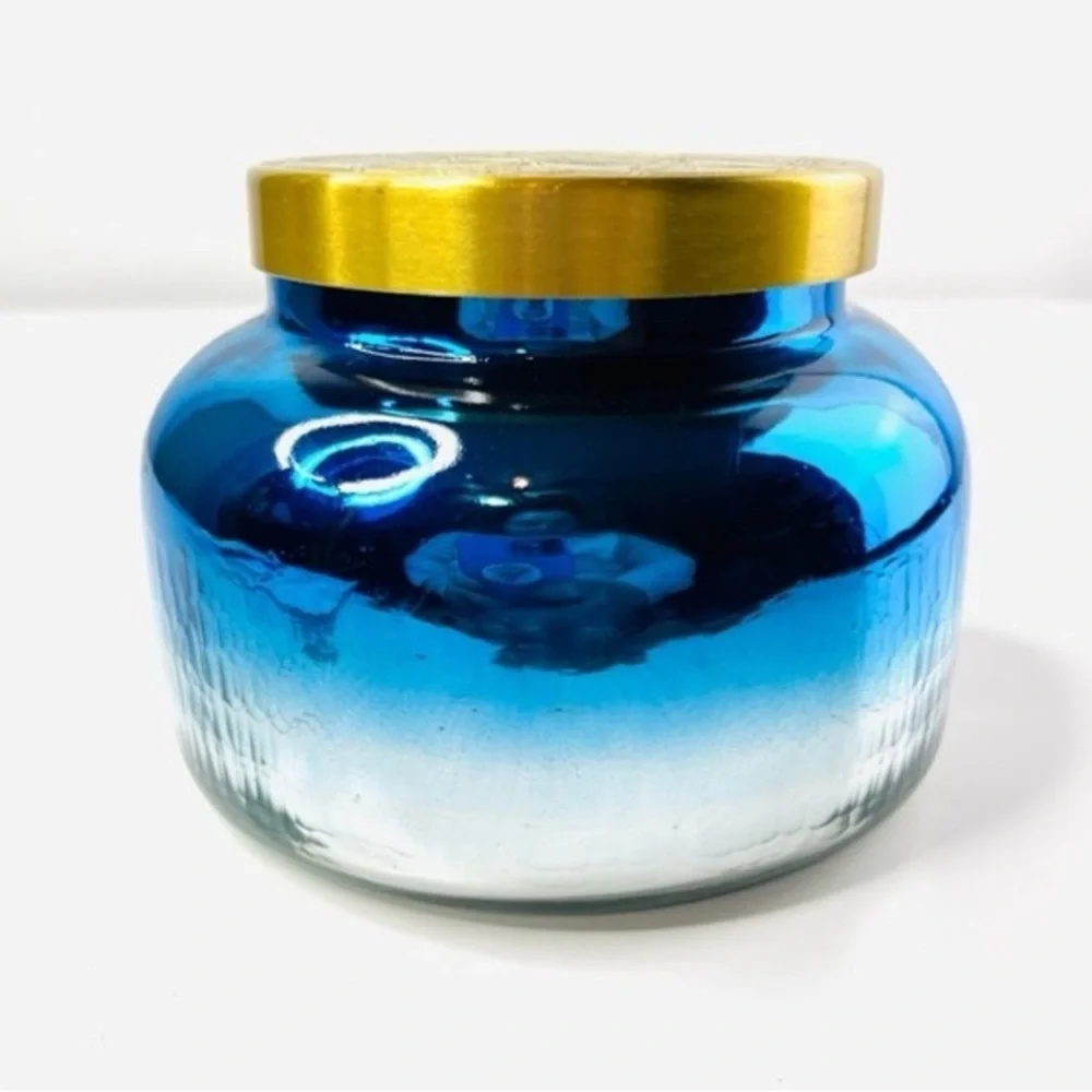 Anthropologie Blue Ombre Capri Blue Volcano Large Glass Lidded Jar Candle NWT